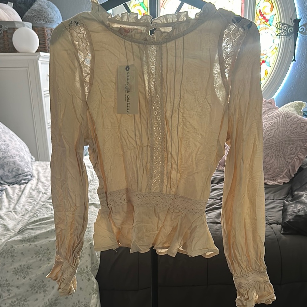 Cream Long Sleeve Blouse with Bib Collar and Ruffled Details